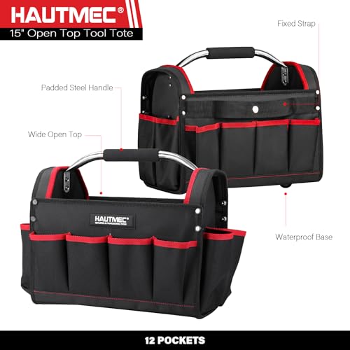 HAUTMEC 3-Piece Rolling Tool Bag Set, 18" Wheeled Tool Bag, 15" Open Top Tool Tote & 12" Wide Mouth Small Bag, Heavy-Duty 1680D Water-Resistant Tool Storage with Off-Road Wheel & Telescoping Handle - style: 3-Pcs Set | Red