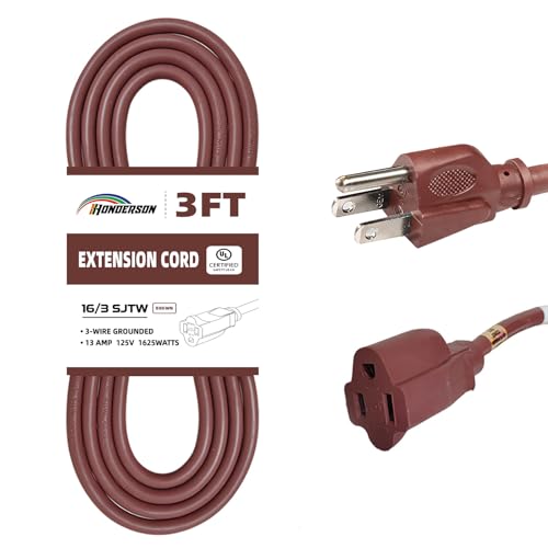 3FT Brown Extension Cord-16/3 SJTW Durable Extension Cord for Christmas Lights with 3 Prong Grounded Plug, Great for Christmas Decorations - color: Brown, size: 3ft