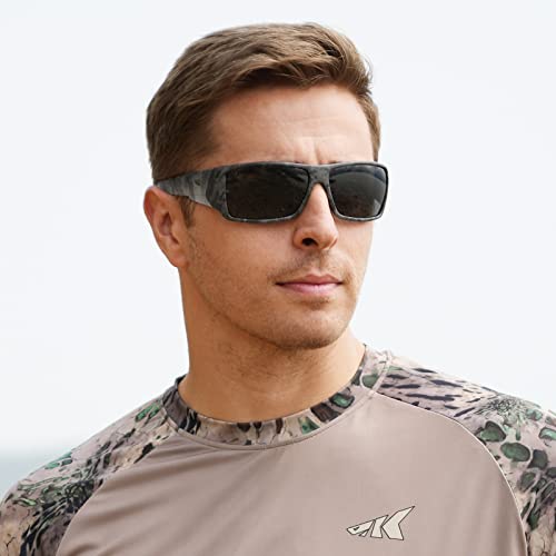 KastKing Iditarod Polarized Sport Sunglasses,PuriVex Protective Lens Coating Fishing Sunglasses For Driving Cycling Running - color: E: Matte Boulder Camo Obsidian Frame, Smoke Lens