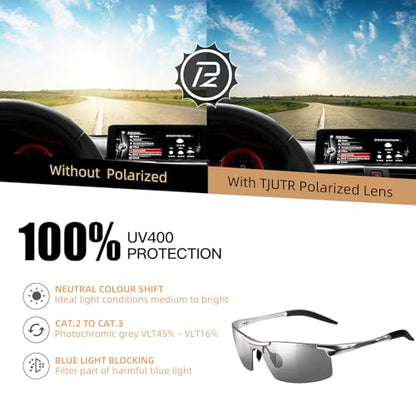 TJUTR Mens Photochromic Sunglasses Day & Night Driving Z87 Sun Glasses Polarized UV400 Protection Safety Glasses - color: A Silver Frame/Grey Photochromic Polarized Lens