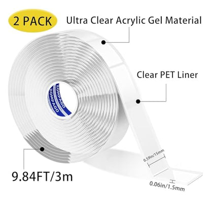 ZOMPAGO Double Sided Tape 2 Rolls 0.6in x 9.84FT Clear Heavy Duty Mounting Tape for Walls Picture Hanging Carpet Adhesive Acrylic Strong Removable No Damage - size: 2 Rolls 0.6in x 9.84FT
