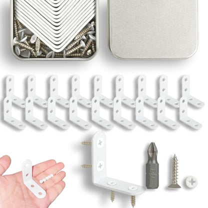 18Pcs White L Bracket & 72 Pcs Screws, 1.57x1.57 Inch Corner Brace, Small Right Angle Bracket, Shelf Bracket, Corner Fastener for Wood Furniture Bedframe Cabinet Drawer Chair
