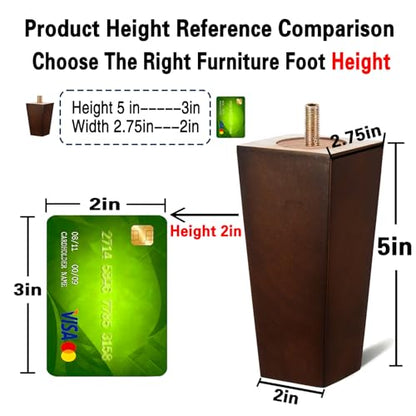 SHANJUE 5 Inch Wood Furniture Legs, Square Rubberwood Sofa Feet Replacement (Pack of 4) with 5/16" & M8 Bolts for Mid-Century Dresser, Ottoman, Recliner, MCM Couch Repair - size: 5 inches