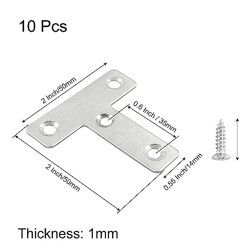 Hordion Stainless Steel Flat Corner Brace - 10Pcs 2 x 2 Inch T Bracket, Heavy Duty Right Angle Repair Plates with Screws - size: 2" x 2" (Silver), style: T-Shape
