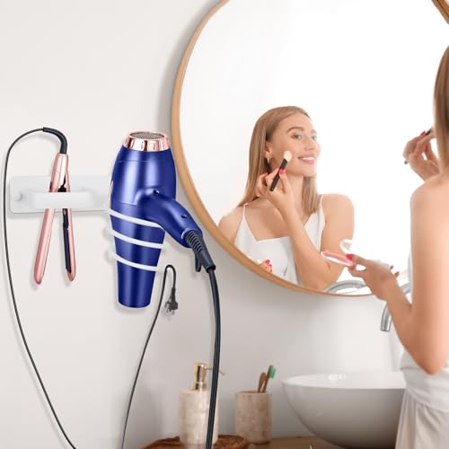 YUET Hair Dryer Holder Hairdryer Station Wall Mounted Shelf Bracket Straightener Stand Hanger Organizer Blow Storage with Cable Tidy Rack for Dressing Table Bathroom Aluminum Professional, White - color: White