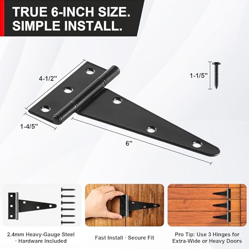 6 Inch Heavy Duty Door Hinges, 4 Pack Black T Strap Hinges, 2.4mm Thick Steel, 7.6 oz Each, Powder Coated, Screws Included, for Wood & Metal Doors, Shed Door Hinges & Gate Hinges, Outdoor - size: 6in-4pcs