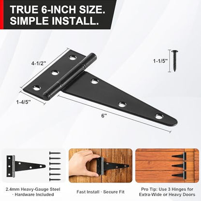 6 Inch Heavy Duty Door Hinges, 6 Pack Black T Strap Hinges, 2.4mm Thick Steel, 7.6 oz Each, Black Powder Coat, Screws Included, for Wood & Metal Doors, Shed Door Hinges & Gate Hinges, Outdoor Use - size: 6IN-6PCS