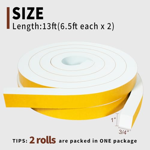 Yotache White High Density Foam Tape 1" x3/4" for Windows Air Conditioner Insulation Seal, Weatherstrip, AntiVibration, Shockproof Protection, Total 13 Ft (2 X 6.5 Ft Each) - size: 1"x3/4"x13 FT