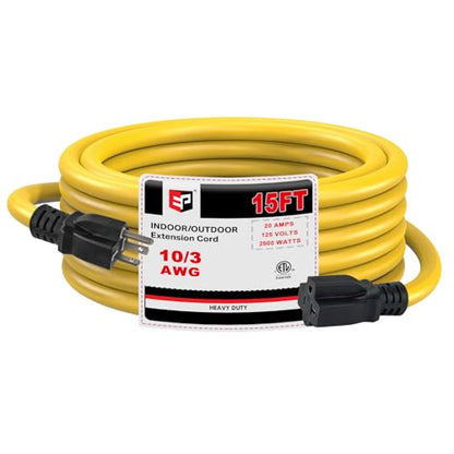 EP 15 Ft 10 Gauge Outdoor Extension Cord with T-Blade Plug, Heavy Duty NEMA 5-20 P/R Power Cord, 20A 250V 10/3 STW Cable for Lawn, Garden, Appliance, Yellow - size: 15ft