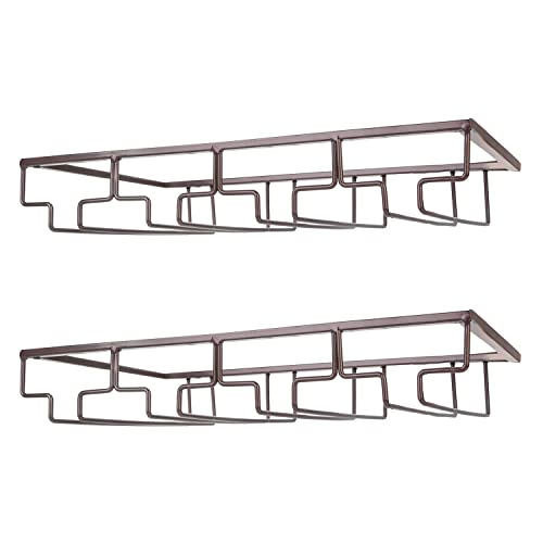 FOMANSH Wine Glass Rack - Under Cabinet Stemware Wine Glass Holder Glasses Storage Hanger 2 Pack Metal Organizer for Bar Kitchen 4 Rows Brown - color: Brown, size: 4 Rows 2 Packs