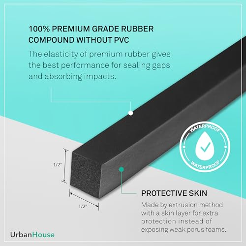 Neoprene Waterproof Rubber Foam 1/2” (w) x 1/2” (h) x 12 feet Long Weather Stripping Door Seal Insulation Shock-Absorbing 3M Self-Adhesive Tape for Door Frames, Windows – Black, 1 Continuous Roll - size: 1/2" x 1/2" x 12'