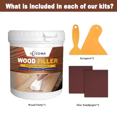 Wood Filler Repair Kit 16oz White – Paintable & Stainable Wood Putty Filler for Furniture, Doors & Floors, Exterior Water-Resistant Wood Crack & Hole Filler with Scrapers, Sandpaper & Gloves