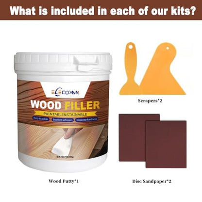 Wood Filler Repair Kit 16oz White – Paintable & Stainable Wood Putty Filler for Furniture, Doors & Floors, Exterior Water-Resistant Wood Crack & Hole Filler with Scrapers, Sandpaper & Gloves