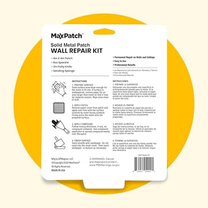 MaxPatch® Drywall Repair Kit - Includes 8 oz Spackling Compound, 4"x 4" Adhesive Metal Patch, Spackling Knife, Sanding Pad - All-in-One Solution for Wall and Ceiling Repairs