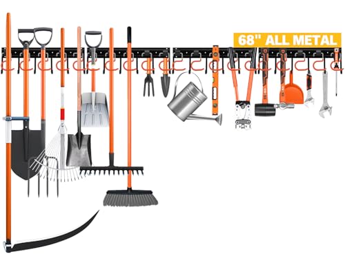 ELEAD 68'' All Metal Adjustable Garden Tool Organizer: Garage Tool Organizer Wall Mount with Orange Hooks, Garage Organizers and Storage, Tool Hangers for Shed - color: Orange