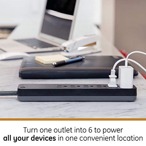 GE UltraPro 6 Outlet Surge Protector, 2 Ft Designer Braided Extension Cord, Flat Plug, Long Power Cord, Wall Mount, Black, 44070