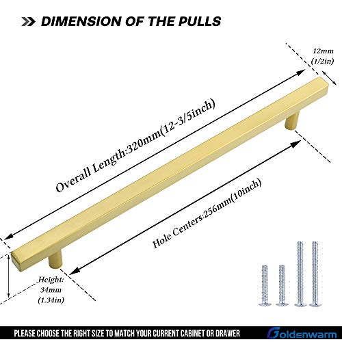 Goldenwarm 25 Pack Gold Cabinet Handles 10"(256mm) Brushed Brass Cabinet Pulls T Bar Drawer Pulls for Kitchen Cupboard & Drawer Hardware - color: Gold, size: 10 Inch Hole Center