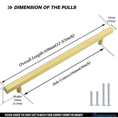 Goldenwarm 25 Pack Gold Cabinet Handles 10"(256mm) Brushed Brass Cabinet Pulls T Bar Drawer Pulls for Kitchen Cupboard & Drawer Hardware - color: Gold, size: 10 Inch Hole Center