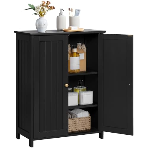 Yaheetech Bathroom Floor Cabinet, Modern Storage Freestanding Organizer Cabinet with Adjustable Shelves & Double Doors, 3-Tier Home Living Room Furniture, Black - color: Black, size: 24″ L × 12″ W × 32″ H