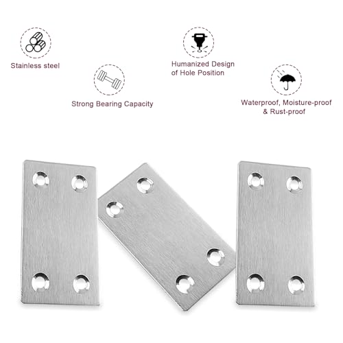 50PCS Silver Flat Mending Plates, 2.36” 304 Stainless Steel Brace Straight Mending Joining Plates，Metal Straight Brackets for Fastening and Fixing, Reinforced Furnitures,2.36X1.5X0.06IN - size: 2.36X1.5X0.06IN