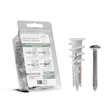 Reinforced Nylon 66 Drywall Anchors 90lb Limit, Self Drilling, Home Improvement Value Pack for Home Projects & Picture Hanging Kit, 25 Plastic Dry Wall Expansion Anchors and 25 Sheetrock Screws - style: 25 Pack