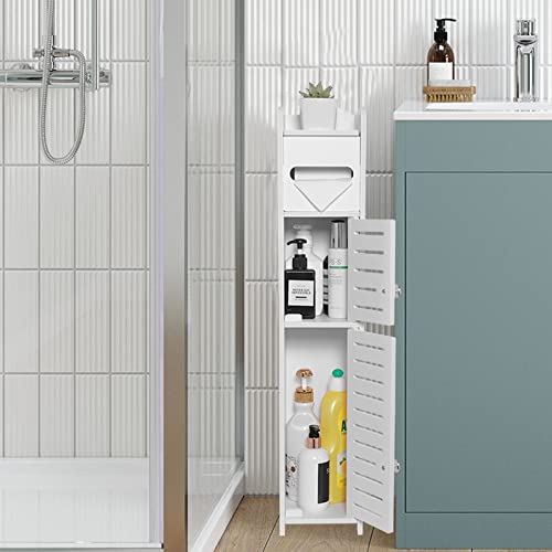 TuoxinEM Storage Cabinet for Small Spaces, Over The Toilet Cabinet for Skinny Bathroom Storage Corner Floor, Slim Paper Holder with 2 Doors & Shelves (White) - size: 30 inches H (with 2 Doors)