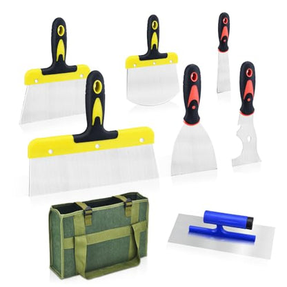 Drywall Knife Set, 8 Pieces Stainless Steel Drywall Hand Tool Kit Includes Taping Knife, Putty Knives, Finishing Trowel, Paint Scraper, Yellow handbag