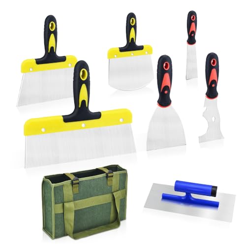 Drywall Knife Set, 8 Pieces Stainless Steel Drywall Hand Tool Kit Includes Taping Knife, Putty Knives, Finishing Trowel, Paint Scraper, Yellow handbag