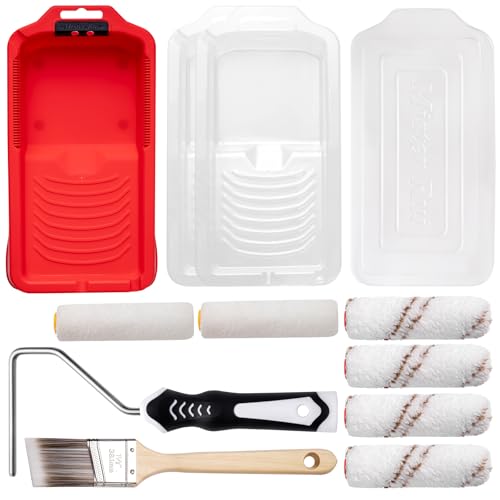 Mister Rui 4 Inch Paint Roller Kit, 12-Piece Mini Roller Set with 6 Microfiber Sleeves, Tray, Liner & Cover, Handle, 1.5" Angled Brush - for Walls, Cabinets, DIY & Pro Painting