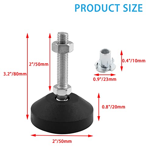 Luomorgo 4 Pcs M10 Leveling Feet with T-Nut, Anti Skid Threaded Rubber Feet, Adjustable Swivel Levelers for Furniture Feet, Heavy Duty Appliance Feet for Mechanical Equipment (D50 x M10 x H50) - size: D50 x M10 x H50