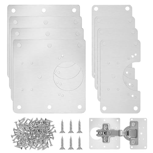 8 Pcs Cabinet Hinge Repair Plate Set Stainless Steel Cabinet Hinges Repair Fixing Metal Plates Kitchen Cupboard Door Hinges Brackets Household Cabinets Repairs Board with Mounting Screw