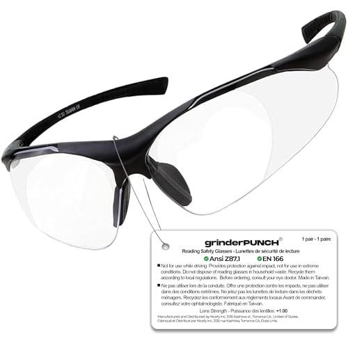 grinderPUNCH Full Lens Magnification Safety Glasses Readers ANSI Z87 Impact Resistant Diopter Magnifying Reading Glasses - style: Tinted +1.00 Diopter