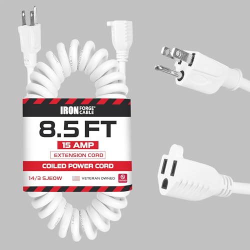 Iron Forge Cable 8 ft White Coiled Extension Cord - 14/3 SJEOW Oil Resistant & Flame Retardant 3 Prong 15 Amp Coiled Power Cord for Indoor or Outdoor Use, Great for Farms & Ranches - color: White, size: 8 ft