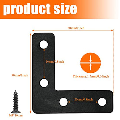 Waziaqoc 20 PCS 2 x 2 Inch Black L Bracket, L Right Angle Flat Corner Bracket (50 x 50mm), Flat Mending Plates Brace for Wooden Frames, Repairment, with Screws - size: 20pcs 50 x 50 mm