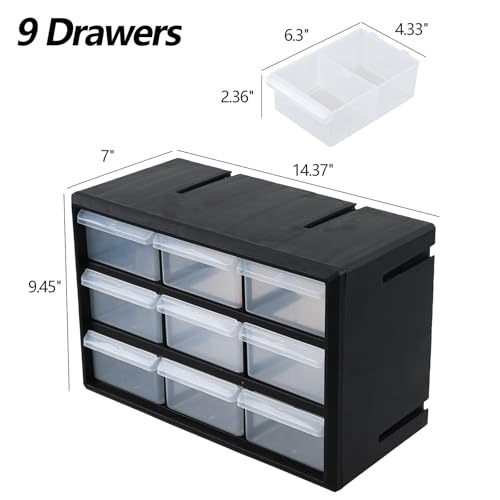 Morcte 9-Drawer Plastic Parts Storage Hardware and Craft Cabinet, Small Parts Organizer with Drawers, Black