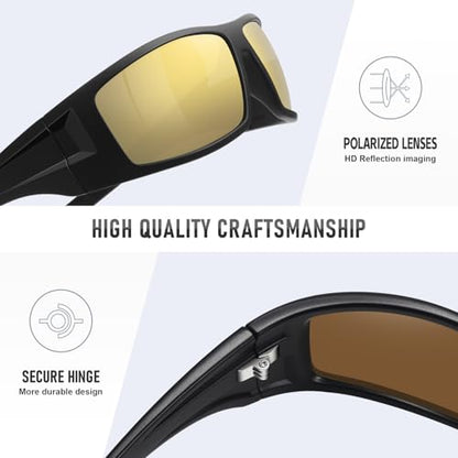 Polarized Sports Sunglasses for Men Women Unbreakable Frame Cycling Fishing Wrap Around Sunglasses UV400 Protection - color: 1-matte Black Frame/Gold Mirror Lens