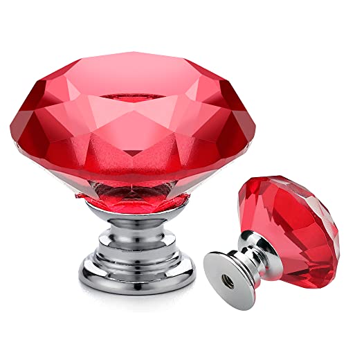 Ravinte 5 Pack Red Crystal Knobs for Dresser Drawers Glass Cabinet Knobs Diamond Shaped Drawer Knobs - 30 mm Knobs with Silver Base - color: Red