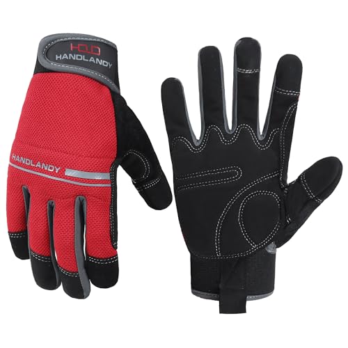 HANDLANDY Work Gloves Mens & Women, Utility Safety Mechanic Working Gloves Touch Screen, Flexible Breathable Yard Work Gloves (Large, Red) - color: Red (1 Pair), size: Large