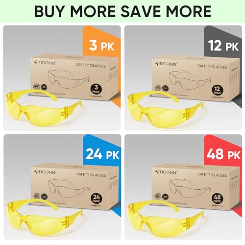 TICONN Clear Safety Glasses for Men and Women, Safety Goggles with Scratch Impact Resistant Meets ANSI Z87.1 Standard - style: 3 Pairs Yellow