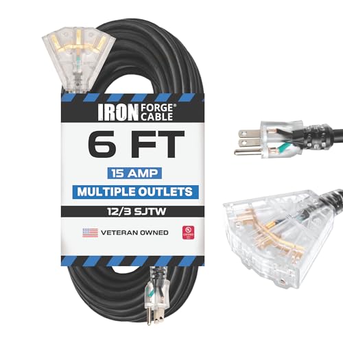 Iron Forge Cable 12 Gauge Extension Cord with Multiple Outlets - Black Heavy Duty Extension Cord 6 ft - 12/3 SJTOW, 3 Prong Lighted Outlet Cords - color: Black, size: 6 Foot