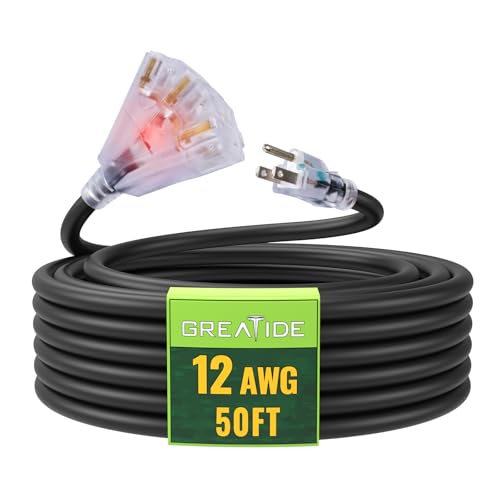 50 Ft Lighted Outdoor Extension Cord with 3 Electrical Power Outlets - 12/3 SJTW Heavy Duty Black Extension Cable with 3 Prong Grounded Plug for Safety, UL Listed - color: Black, size: 50ft
