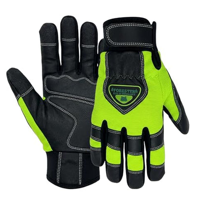 FORESTER Hi-Vis Chainsaw Gloves | Anti-Vibration Leather Safety Gloves for Chainsaw Work, Logging & Tree Cutting | Cut-Resistant Protection - size: X-Large