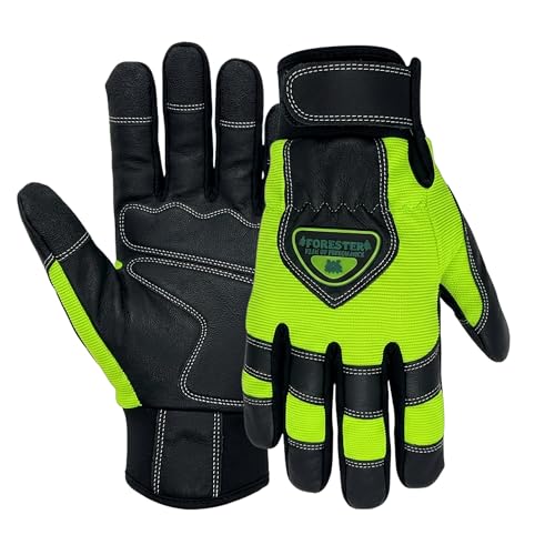 FORESTER Hi-Vis Chainsaw Gloves | Anti-Vibration Leather Safety Gloves for Chainsaw Work, Logging & Tree Cutting | Cut-Resistant Protection - size: Medium (Pack of 1)