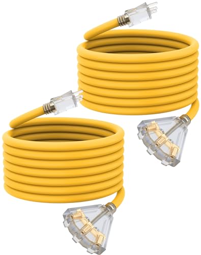 25Ft 12 Gauge Outdoor Extension Cord with 3-Outlets, 2 Pack, Heavy Duty 3 Prong Extension Cord Waterproof with Lighted end, 15A SJTW, ETL Listed, Yellow - color: Yellow, size: 25FT 2PACK