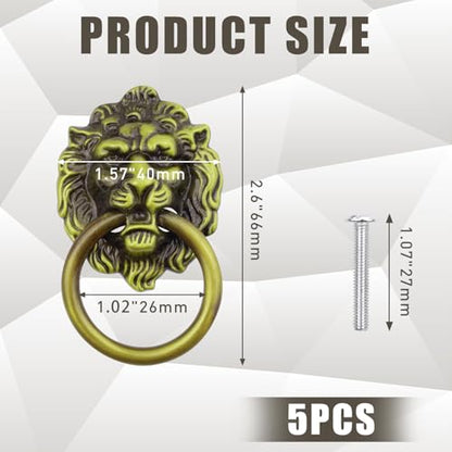 5 Pcs Antique Cabinet Drawer Knobs Pulls with Screws, Vintage Bronze Drop Ring Handles Knobs Hardware for Dresser Cupboard Closet Jewelry Box (Lion Head) - style: Lion Head