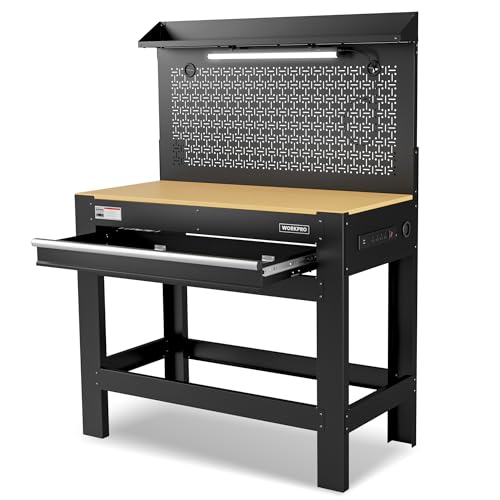 WORKPRO 45" Garage Workbench with Storage, Heavy-Duty Workbench with Pegboard, Power Outlets and Light, 800 LBS Work Bench for Garage, Warehouse, Workshop, Repair Shop - size: 48 inch