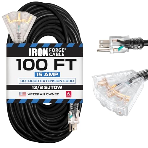 Iron Forge Cable 12 Gauge Extension Cord 100 ft with 3 Outlets - 15 Amp Black Heavy Duty Extension Cord with Multiple Outlets12/3 SJTOW Oil Resistant, 3 Prong with Light Indicator - color: Black, size: 100 Foot