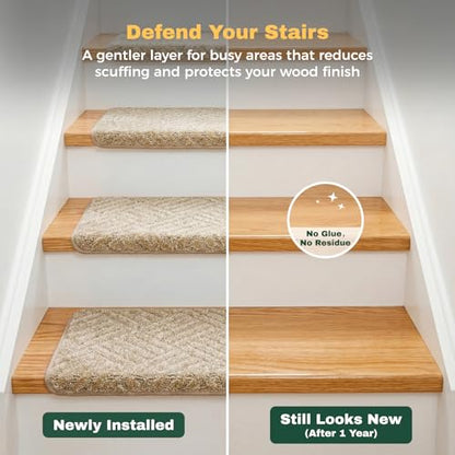 MBIGM Bullnose Non-Slip Stair Treads w/Reusable Adhesive 14 Pack 9.5" x 30" Wooden Steps Protection - TPU Backing with Steel Reinforcement - Anti-Slip Solution Basketweave Beige Non Slip Stair Tread - color: Beige - Basketweave