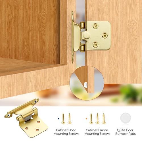 4 Pack (2 Pairs) Gold Cabinet Hinges for Kitchen Doors, Self-Closing, 1/2 Inch Overlay (Variable), Semi-Concealed Face Frame, Surface Mount Cabinet Hardware, Satin Brass - color: Gold