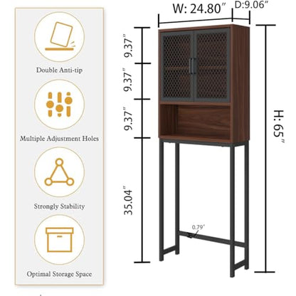 Launica Over The Toilet Storage Cabinet, Bathroom Organizer Over Toilet, Wood Metal Industrial Bathrooms Space Saver Shelf, Freestanding Bathrooms Cabinet Above Toilet with Rack, Walnut - color: Walnut